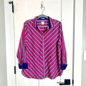 Chico's No-Iron Chic Stretch Classic Fit Pink Blue Striped Button-Up Career Top